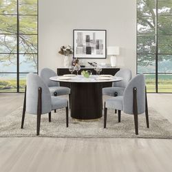 ART DECO INSPO 5 PIECE ROUND DINING TABLE SET ESPRESSO FINISH WHITE MARBLE TOP MESA COMEDOR