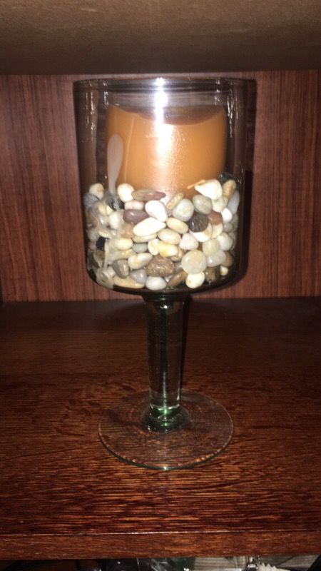 Decorative glass, pebbles & candle