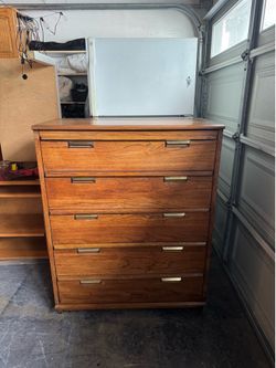 Large Vintage solid wood 5-drawer tall boy dresser 19 deep x 38W x 48H.