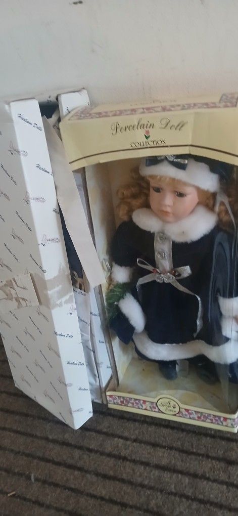 Porcelain Dolls Still In Boxes 9 In Total 16 To 18 Inches In Height  Would Like To Sell As A Lot  But Will  Indvial 