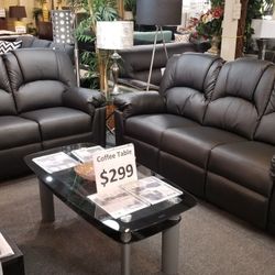 Brand New Black Bonded Leather Reclining Sofa + Loveseat 2PCs Set