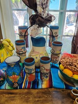 Mexican Talavera Pitcher and Cups Set with Stand