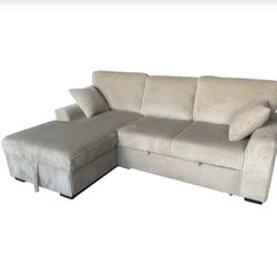 Taupe Fabric LHF Pull Out Sectional Sofa & Storage 