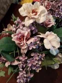 Greenery; white distressed vase withtowers lavender and cream; both for $15