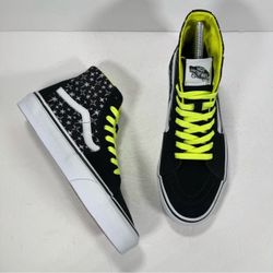 Vans Sk8-Hi Black Star High Top Skate Shoe Sneakers Neon Laces Women 8 Men 6.5