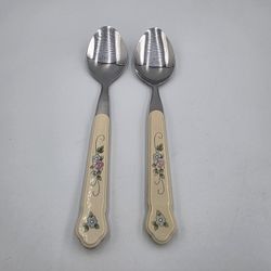 2 Pfaltzgraff Tea Rose Plastic Stainless Pink Blue Floral Soup Spoons Taiwan 8"