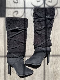 Thalia Sodi Faux Shearling Rikka Black Heeled Boots size 5