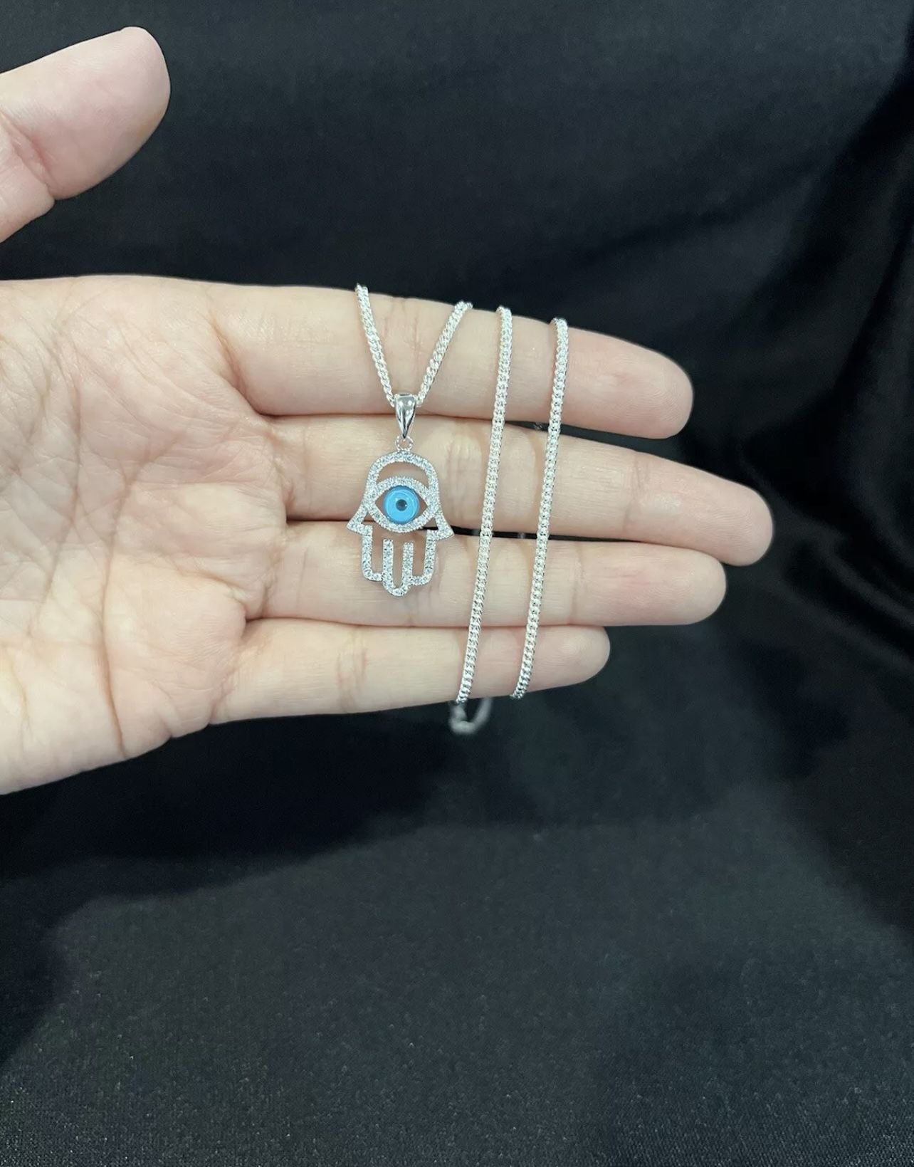 925 Sterling Silver Womens Hamsa Hand Talisman Evil Eye Pendant & Curb Chain