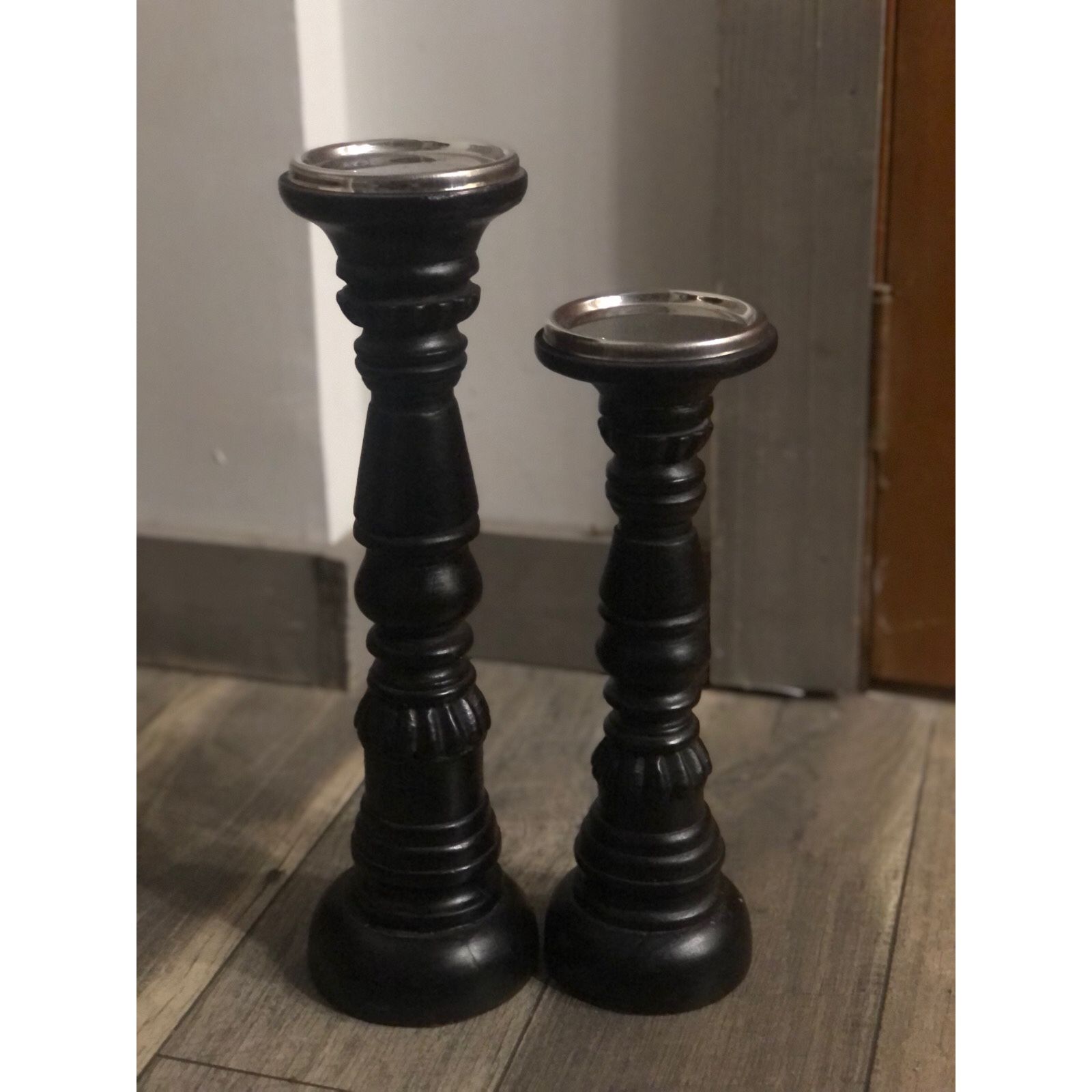 Black Wood Ornate Pillar Candle Holders