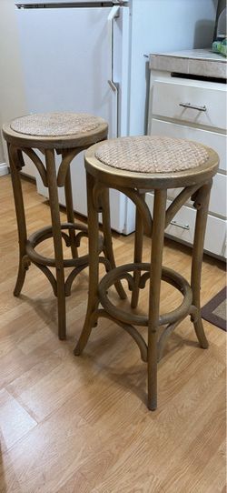Set of 2 Wood and Rattan Bar Stools