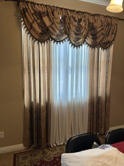 Tuscan Gold Striped Curtains And Beaded Valance