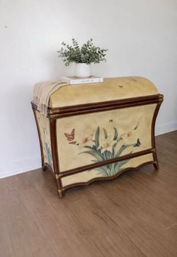 Hand-Painted Vintage Dome-Top Chest – Floral Storage Trunk w/ Bamboo Trim
