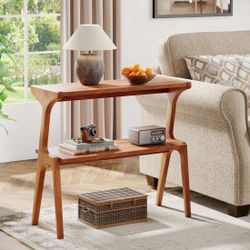 Home,Solid Wood End Table, 2-Tier Sofa Side Table with Storage Shelf