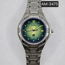 Fossil Men's Watch Silver-Green-Blue Tone New Battery 🔋😎✅️