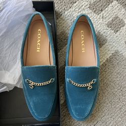 Used COACH 6.5 Women Hanna Loafer Turquoise Blue Velvet