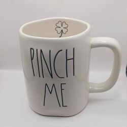 Rae Dunn Artisan Collection by Magenta "Pinch Me" Mug white with black letters and shamrock on the inside of mug