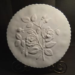 VTG Imperial Glass Satin Milk Glass Embossed Rose Cake Plate Footed Wedding Day