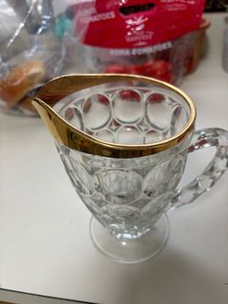 Beautiful Glass Pitcher with Gold Trim and Stem