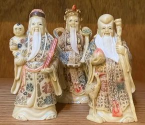 Chinese "Star Gods" Wise Men Resin Figures Statues Set Of 3 Vintage Fu Lu Schu
