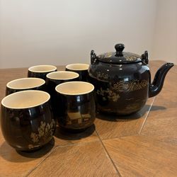 Vintage Japanese Black Teapot Set with 6 Cups and Gold Landscape Design LikeNew