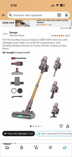 YU7 Max Cordless Vacuum Cleaner, 650W 55kPa Stick Vac with Intelligent Auto Mode, Up to 80 Min Long Runtime, Self-Standing Wireless Vaccum for Home, P