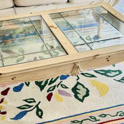 Bleached wood Coffee Table with glass inset over leaded glass pine