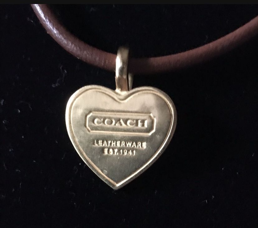 Vintage 1941 Original Coach Gold Tone Heart Collar Chocker Necklace Brown Leather Cord