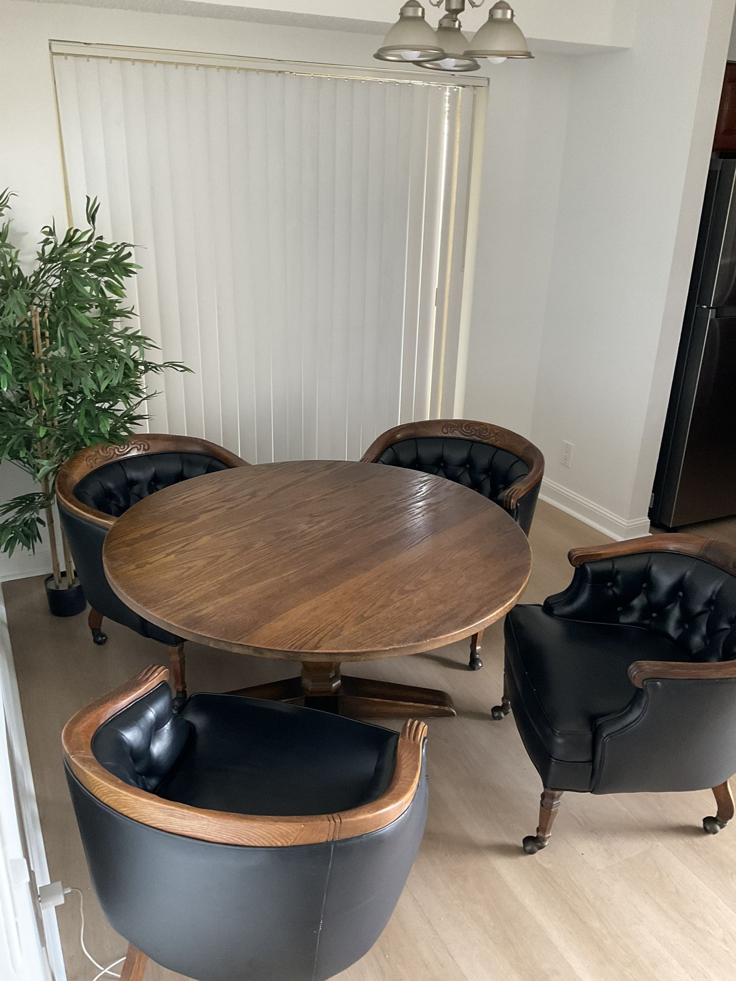 Vintage Wood Table + 4 Rolling (engraved) Captain’s Chairs – Must Go (Moving in 5 Days!)