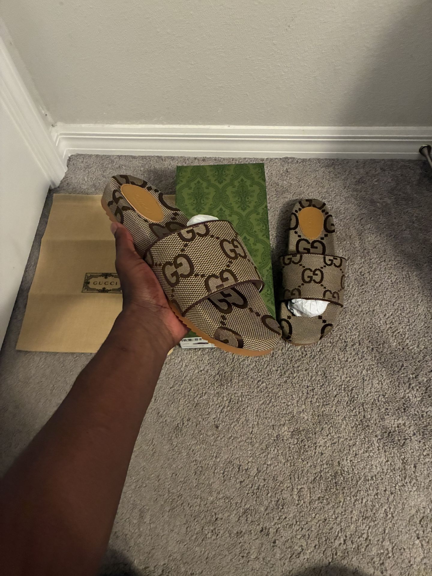 Brand New Brown Canvas Gucci Slides Size 11