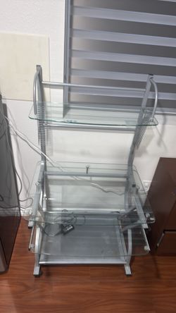 🖥️ Glass Computer Desk w/ Keyboard Tray & Side Shelves – Used / Good Condition
