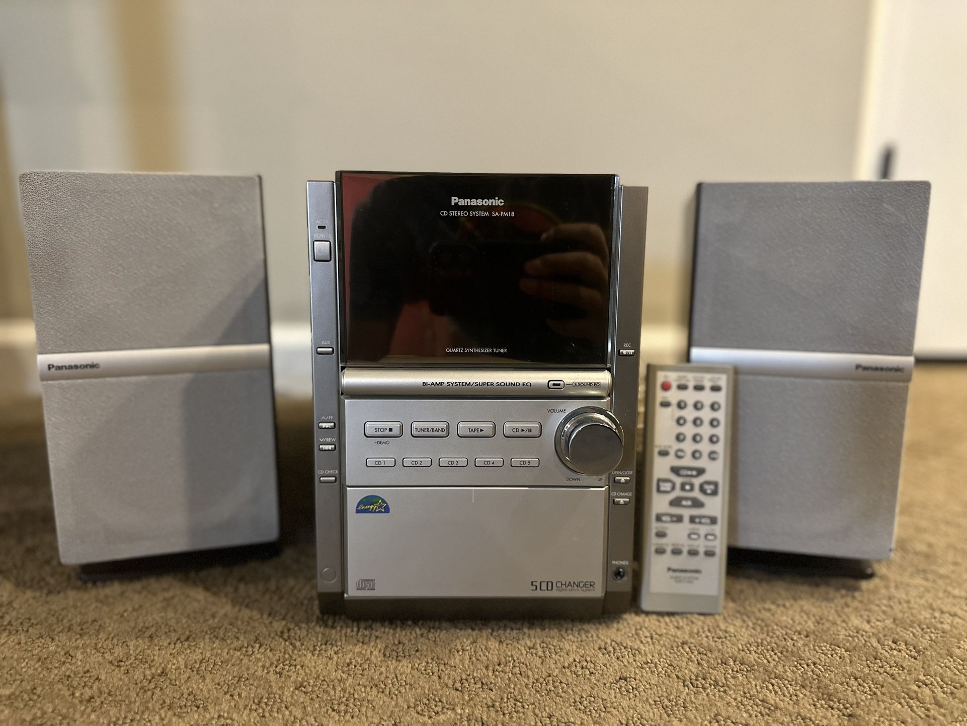 Panasonic SA-PM18 Bookshelf Stereo 5-CD Player Aux Radio Cassette with Remote