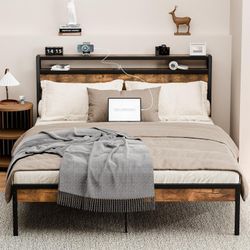 Zevemomo Queen Platform Bedframe with Headboard and Charging Station