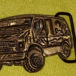 Vintage 70's Metal Belt Buckle, Brass, Van.