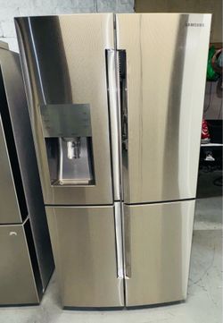 Samsung stainless steel refrigerator (36" x 71" x 29") — includes a receipt for a 90-day warranty.