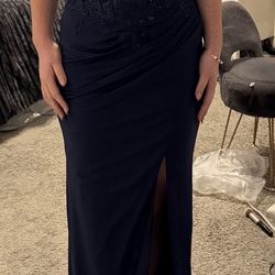 Navy Blue Prom/Formal Dress – Beaded Bodice & Leg Slit