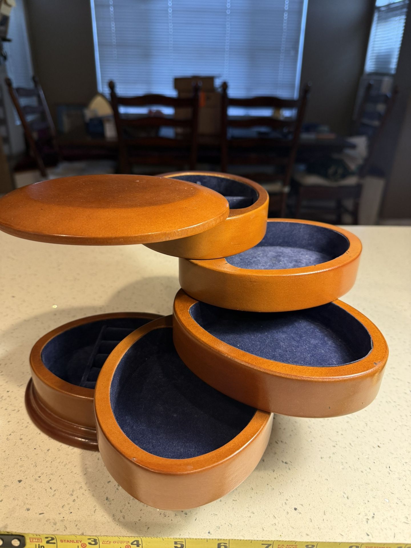 Vintage Wooden Rotating Jewelry Box 5-Tier Carousel Organizer Blue Felt Lined