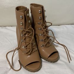 INC Lace-Up Peep Toe Tan Ankle Boots