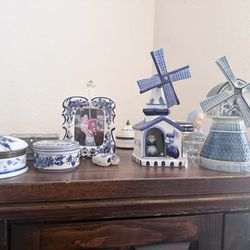 Delft Blue Style Porcelain Figurine and Trinket Box Collection