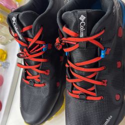  Columbia Men's Escape Thrive Endure waterproof hiking shoes in black with red laces. 