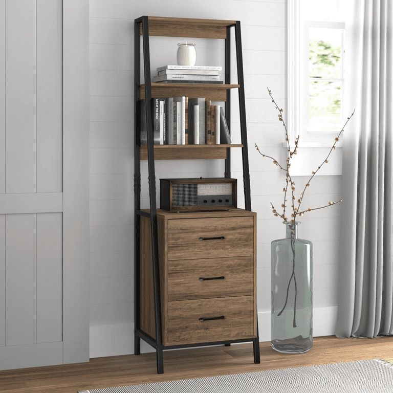 Bookcase and Bookshelf,Trapezoidal Book Shelf with 3-Tier Open Storage Shelves and 3 Drawers