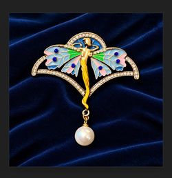 Vintage Enamel Winged Figure Pearl Brooch