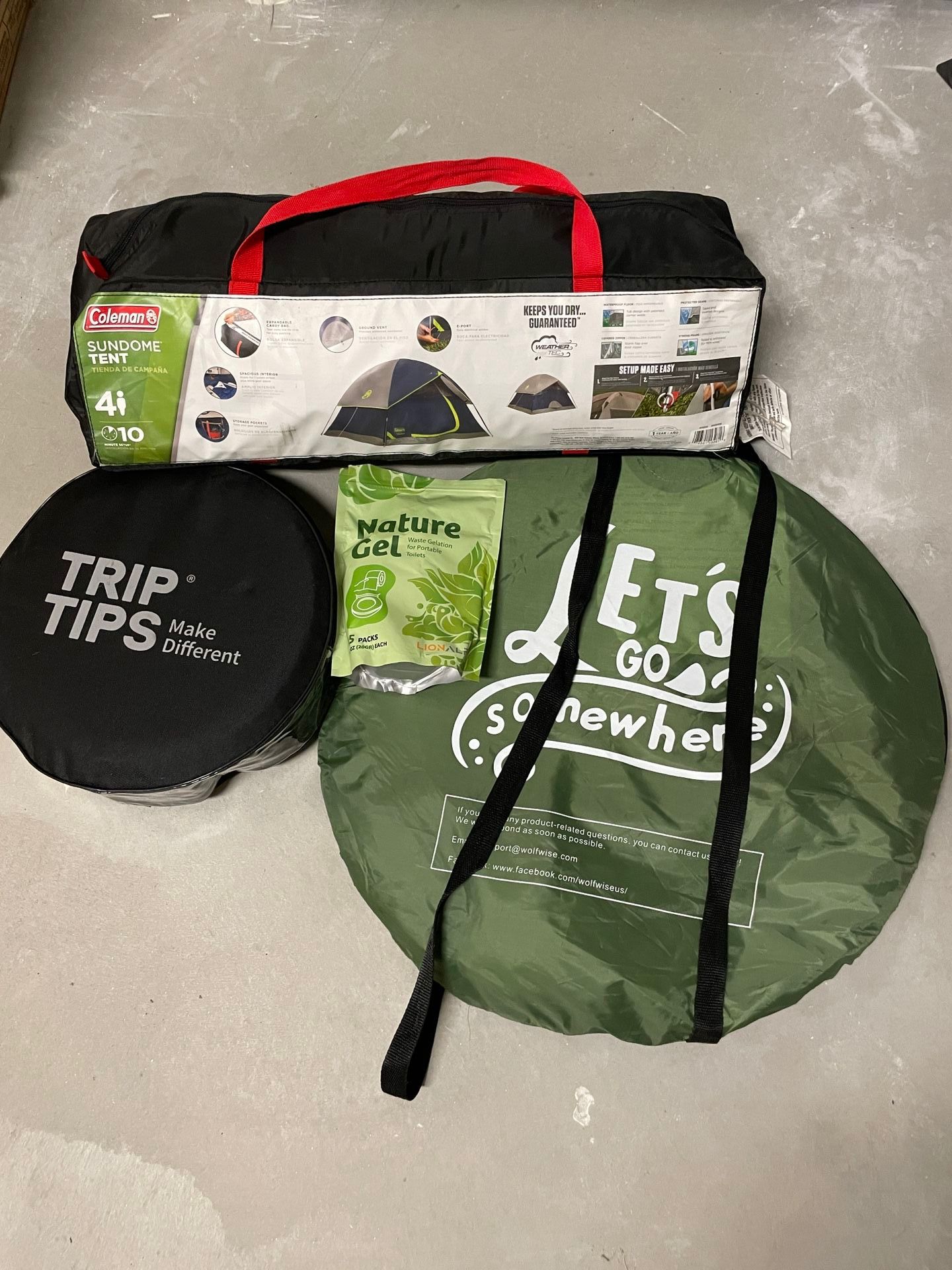 Camping Set (Coleman 4 Person Sundome Tent, Portable Toilet & Portable Shower Pod/Tent)