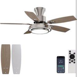 Ceiling Fans with Lights and Remote Control, 42 Inch Flush Mount Ceiling Fan with Quiet Reversible DC Motor, Dimmable LED Lighting, 6 Speeds, Timer, N