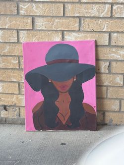 Original Canvas Painting - Glam Chic Woman in Hat with Pink Background