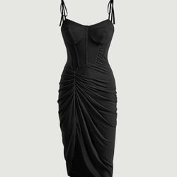  Thigh High Slit Tie Shoulder Ruched Draped Bustier Corset-style Vegas Dress - Black M