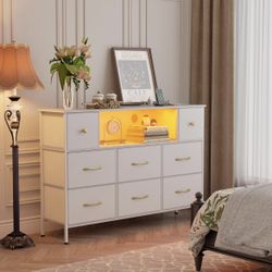 DRESSER - 8 Fabric Drawers Dresser for Bedroom with Power Outlets and LED Lights - Living Room, Entryway