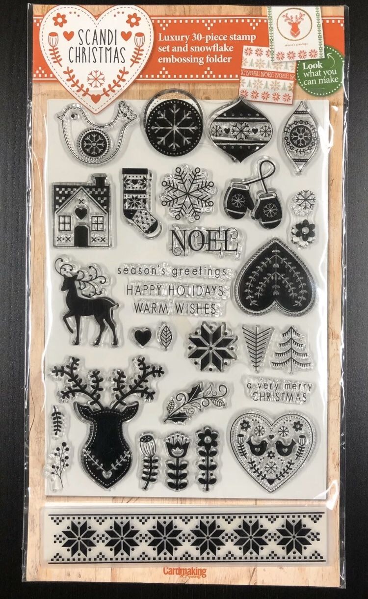 Scandi Christmas 30 Piece Clear Cling Stamp Set And Snowflake Embossing Folder