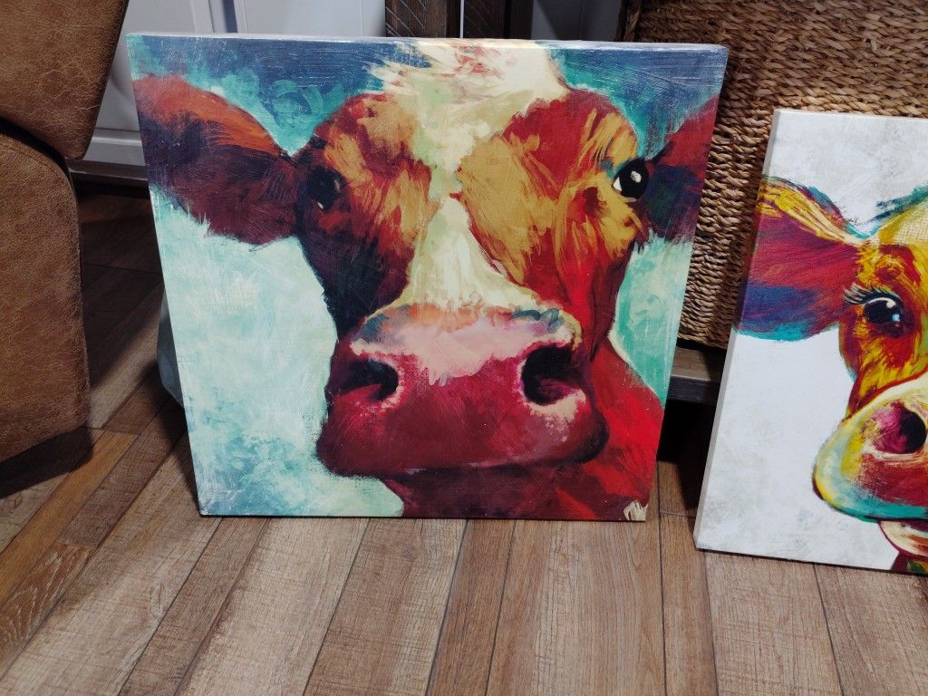 Colorful Three Piece Cow Art Collection.