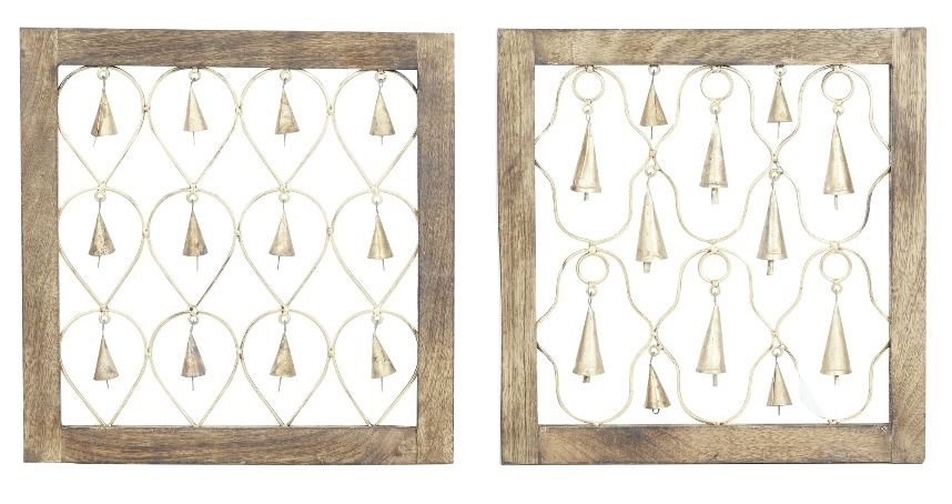 DecMode Wood Farmhouse Hanging Brown Decorative Bells in a Square Frame with Tanished Brass Finish, Set of 2, 16"x16"