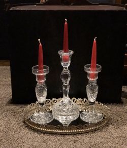 Three Vintage Etched Glass Crystal Candlesticks